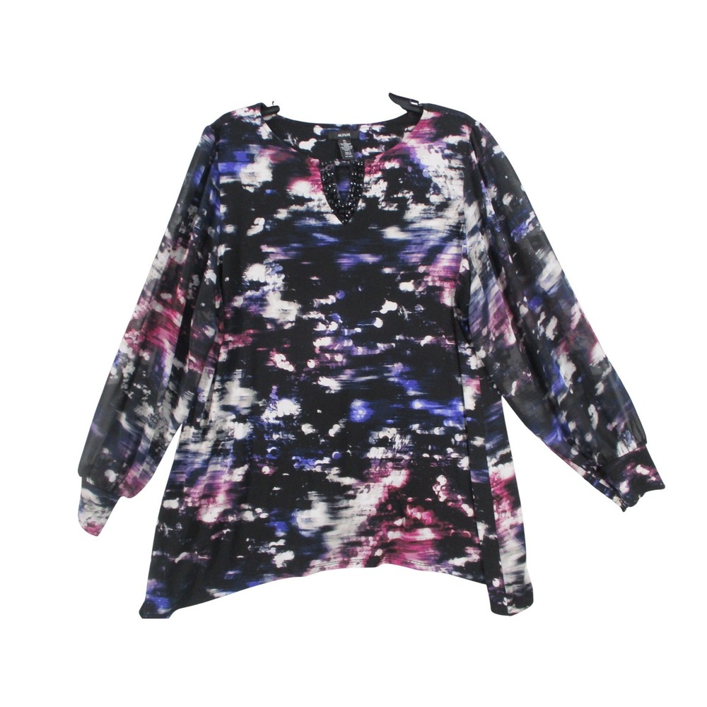 Alfani Womens XL Abstract Print Beaded Keyhole Long Sleeve Blouse Purple Black